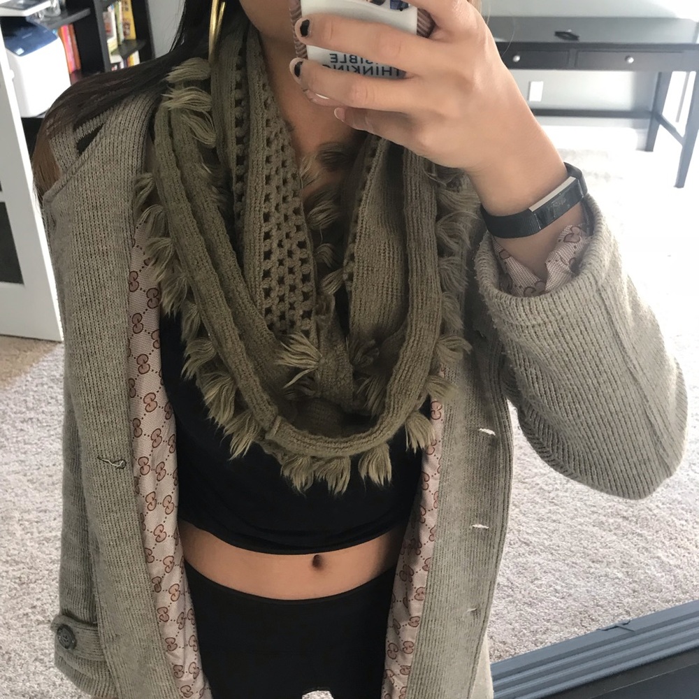 Olive green winter fringe infinity woven scarf